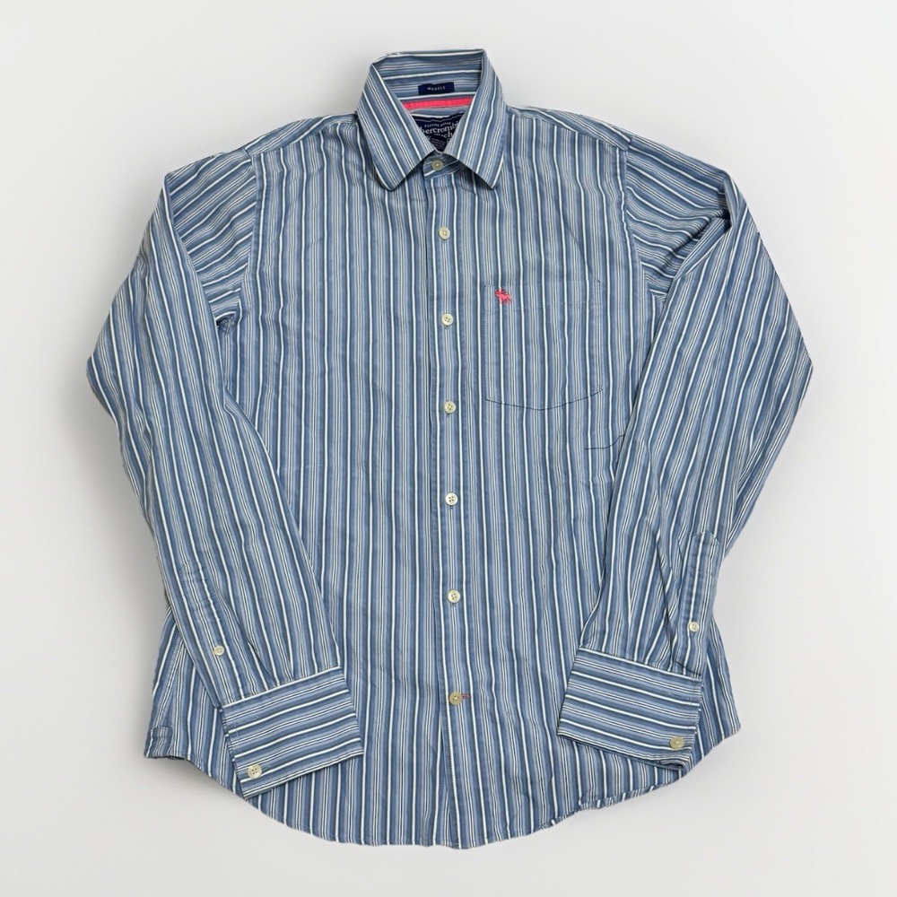 Abercrombie & Fitch Men Sz M Blue‎ Stripe Muscle Button Up Long Sleeve Shirt Y2K